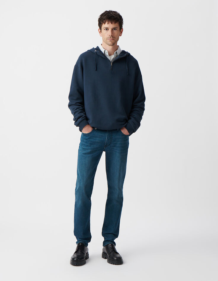 Inktblauwe sweater met kap en ritskraag Heren-2