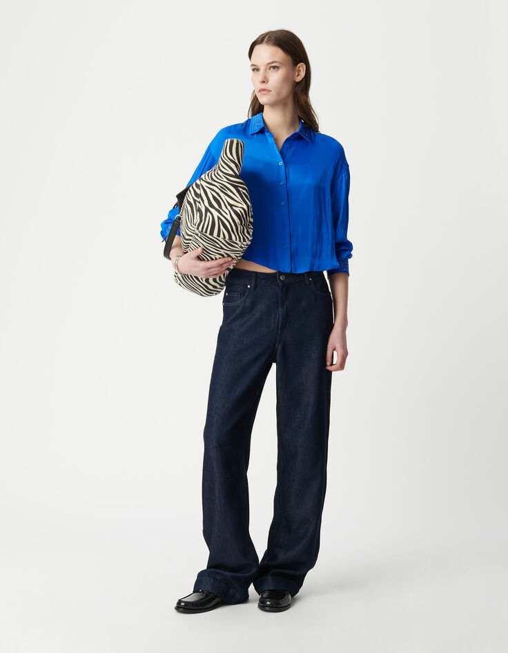 Elektrisch blauw kort damesshirt met paillettenboorden-1