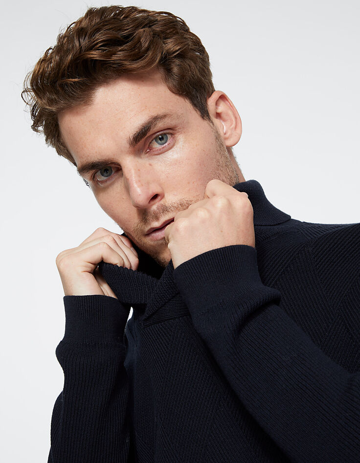 Pull marine tricot losanges reliefés Homme-1