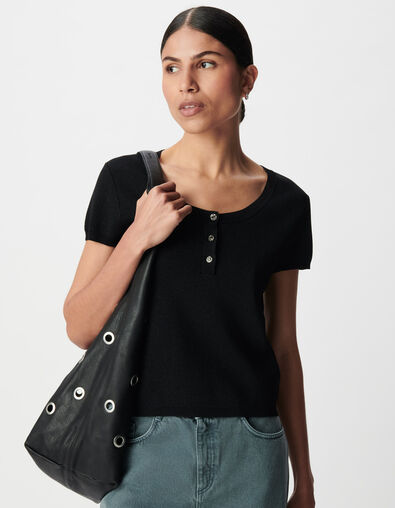 Pull fin noir paillet&eacute; encolure boutonn&eacute;e Femme - IKKS