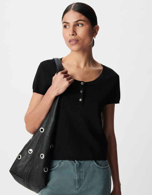 Pull fin noir paillet&eacute; encolure boutonn&eacute;e Femme - IKKS