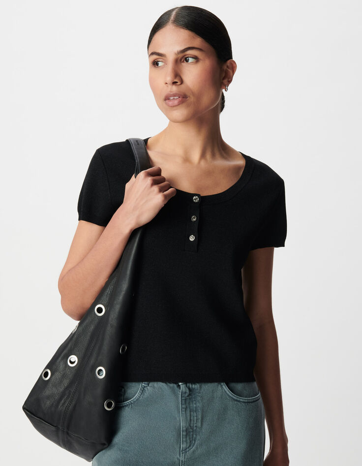 Pull fin noir paillet&eacute; encolure boutonn&eacute;e Femme-1