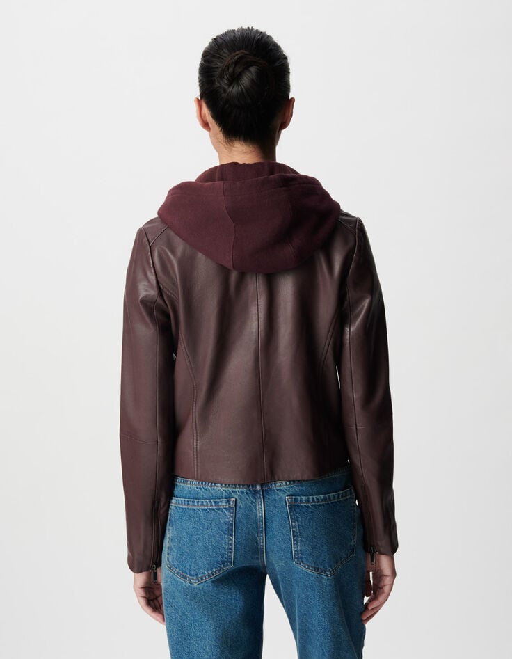 Chaqueta cuero burdeos motera capucha extraíble mujer-3