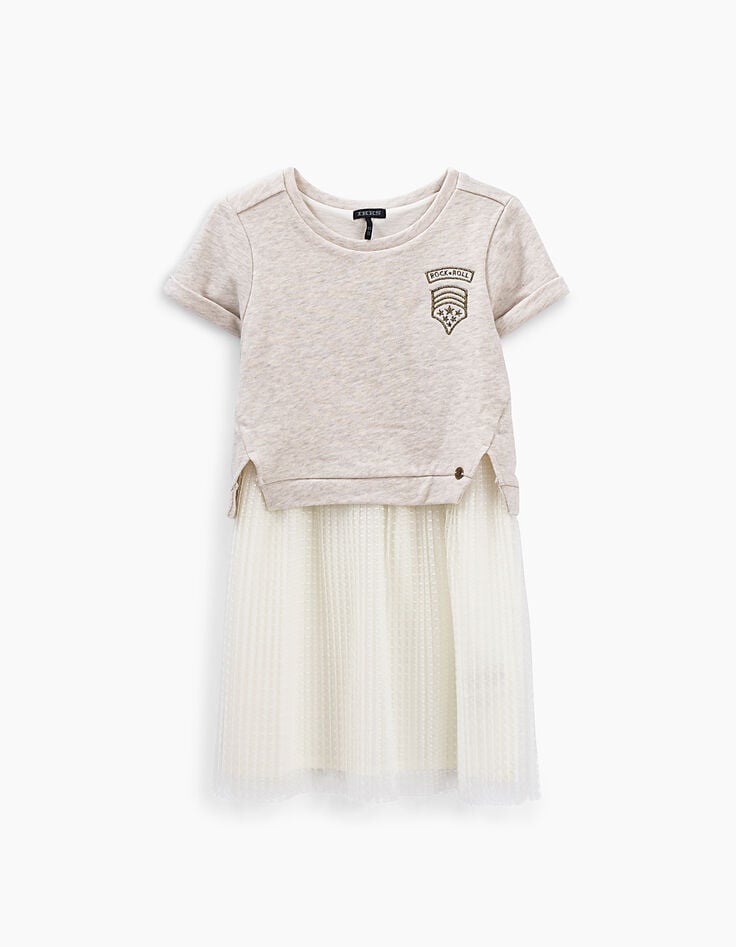 Vestido bi-tejido mastic jaspeado claro con falda tul niña-1