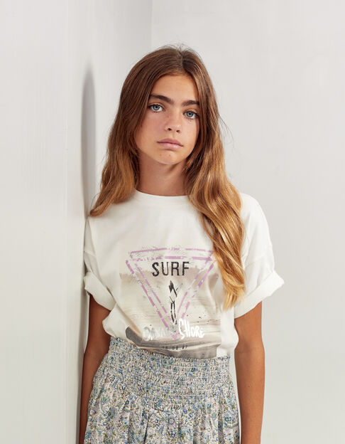 Girls’ white organic cotton T-shirt with surfer girl image