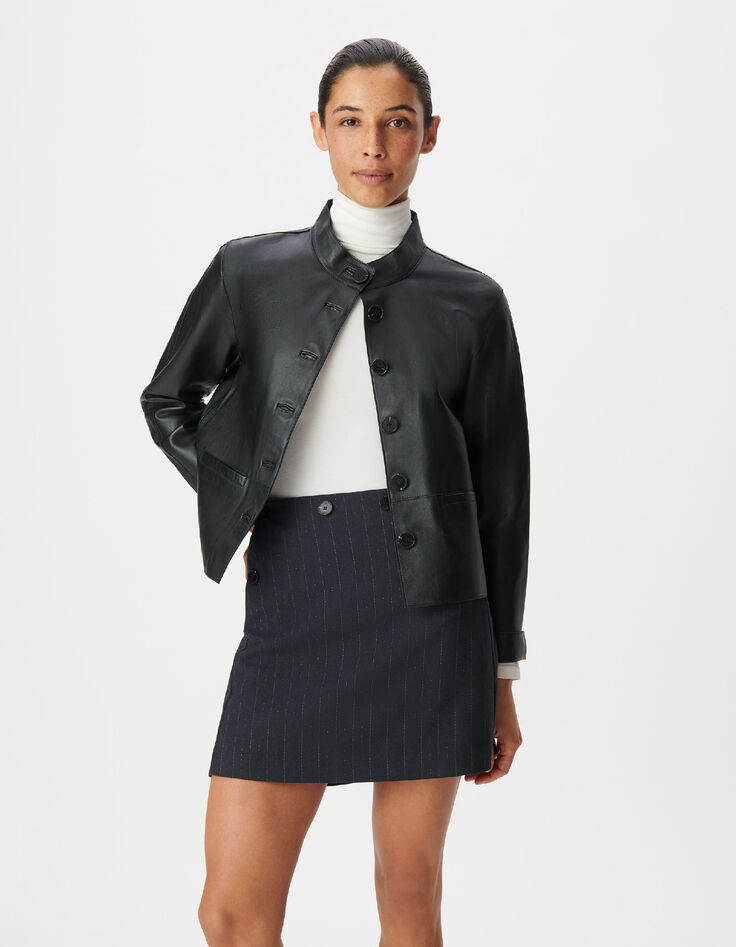 Women's black leather jacket with stand-up collar-3