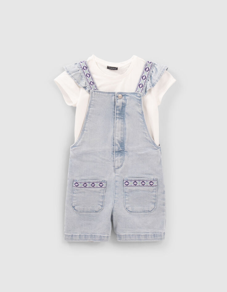 Set korte jeanstuinbroek en wit T-shirt meisjes-3