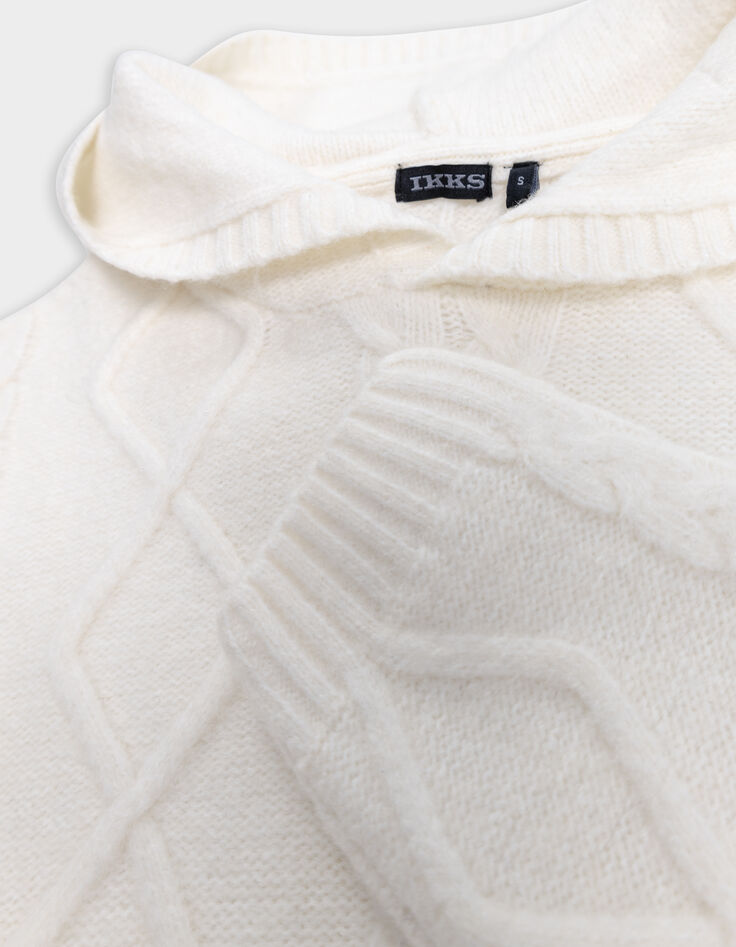 Girl's beige hooded cable knit sweater-5