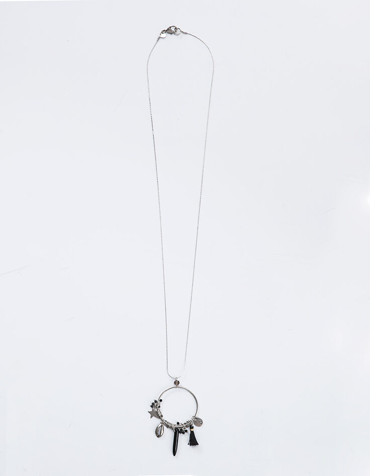 Collier sautoir argenté anneau et pampilles femme-1