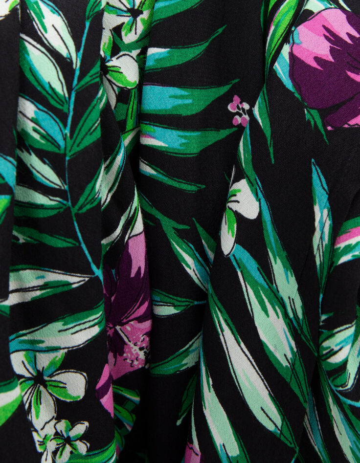 Langes, schwarzes Damenkleid mit tropischem Print-6