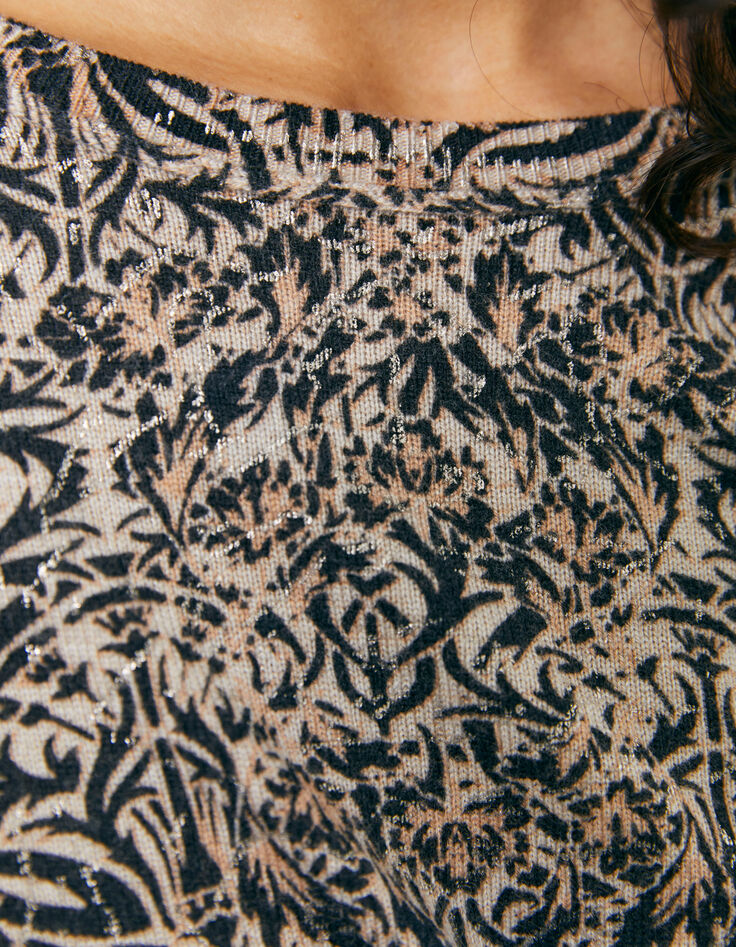 Pull marron en maille fine imprimé arabesque femme-3