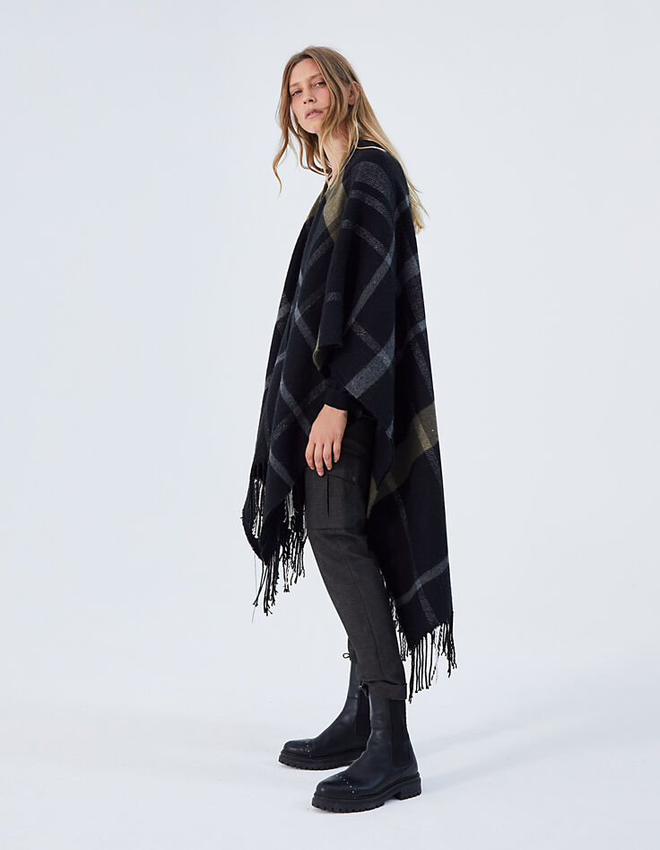 Women’s black checked fringed poncho-1