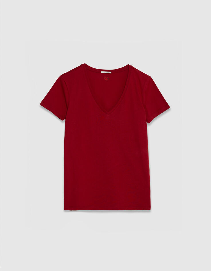 Rotes T-Shirt aus Baumwolle mit V-Ausschnitt Damen-1