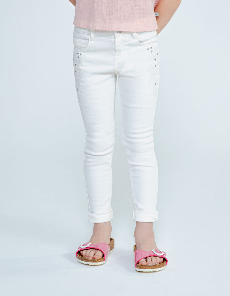 Jean SKINNY écru avec broderies et clous fille-2