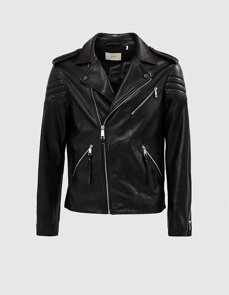 Blouson 1440 Leather Story en cuir noir esprit motard matelassé Homme-1