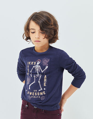 Boys’ navy T-shirt with skeleton-pirate and roses image - IKKS