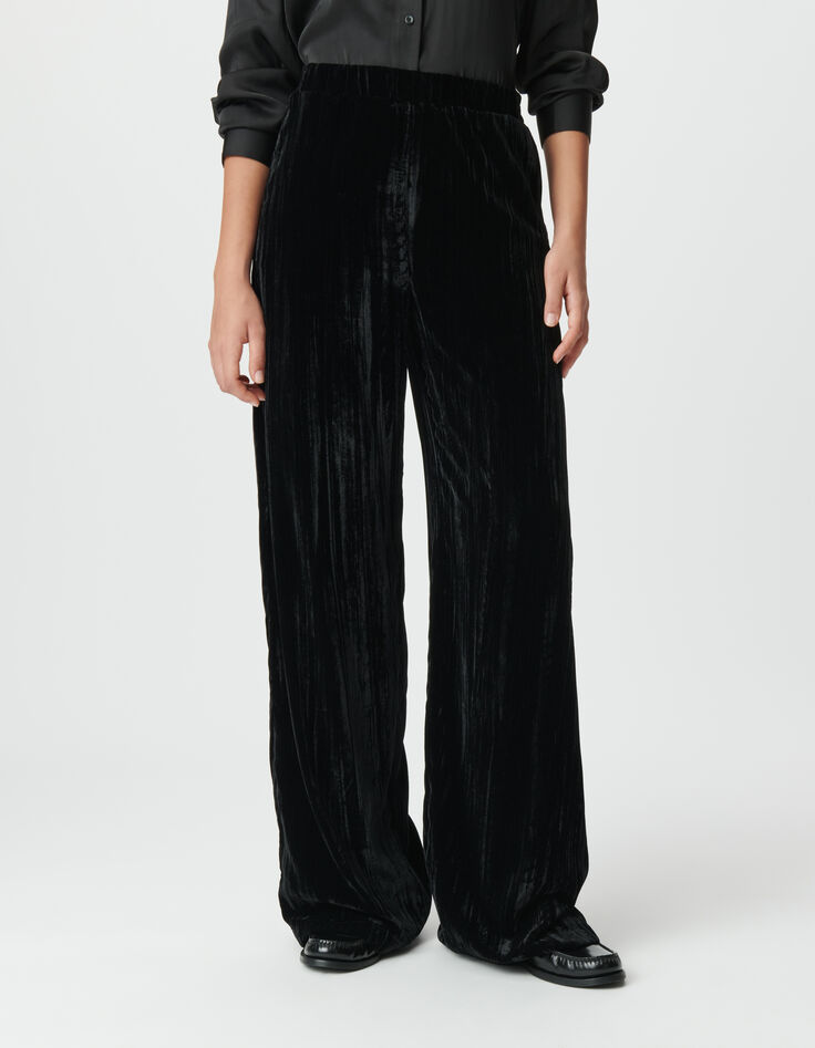 Zwarte brede broek in gekreukt fluweel Dames-2