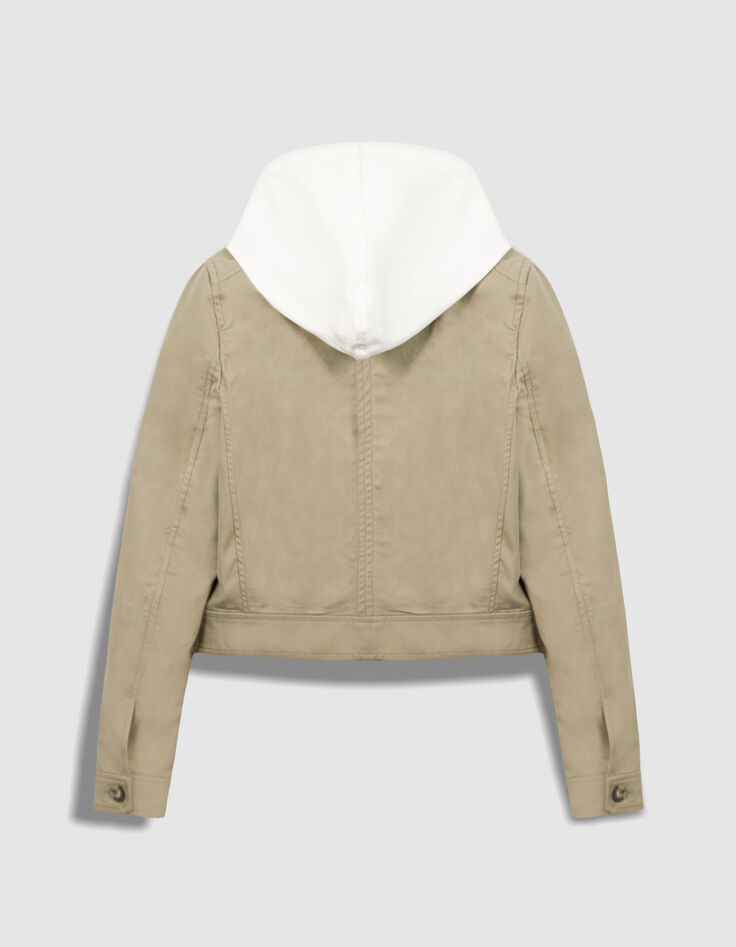 Kurze gr&uuml;ne Jacke f&uuml;r Damen mit abnehmbarer Kapuze aus wei&szlig;em Satin-7