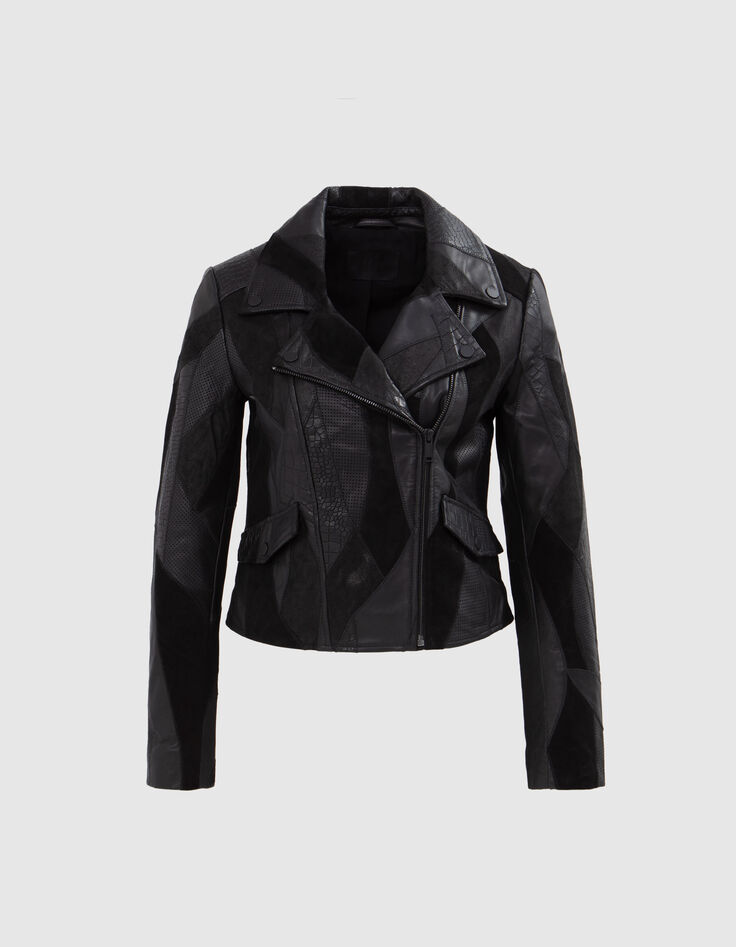 Women's black leather patchwork-look biker-style jacket-7