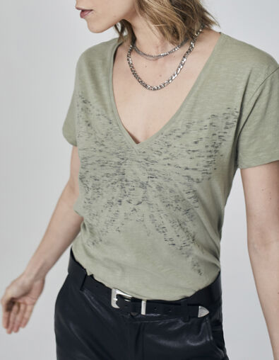 Women’s khaki cotton T-shirt with butterfly image - IKKS