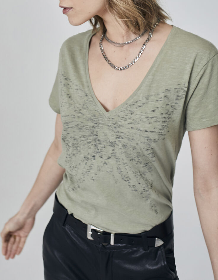 Women’s khaki cotton T-shirt with butterfly image-1