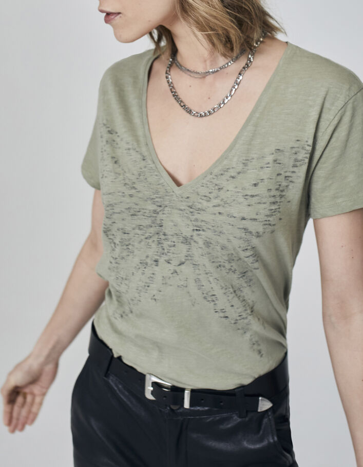Women’s khaki cotton T-shirt with butterfly image - IKKS