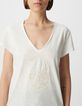 Tee-shirt col V blanc coton bio broderie t&ecirc;te de mort Femme-4