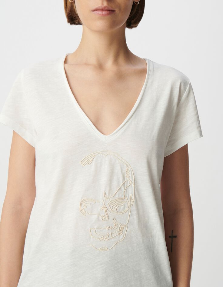Tee-shirt col V blanc coton bio broderie t&ecirc;te de mort Femme-4
