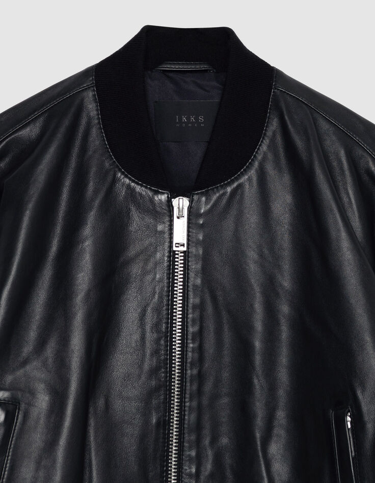 Zwart leren korte bomber Dames maxi eyelet design-6