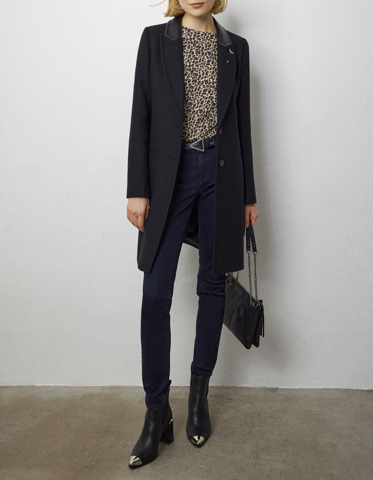 Women’s black shirt collar coat, grey trompe l'œil band-6