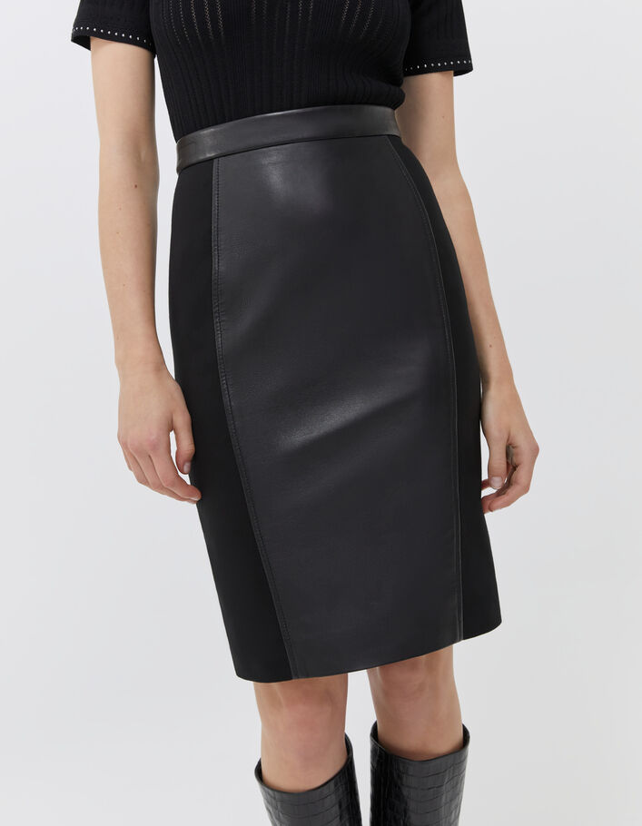 Falda de lápiz de color negro de dos materiales de cuero y viscosa mujer - IKKS