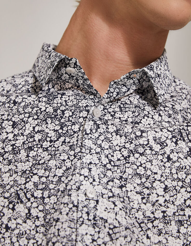 Camisa SLIM azul marino estampado flores blancas Hombre-4