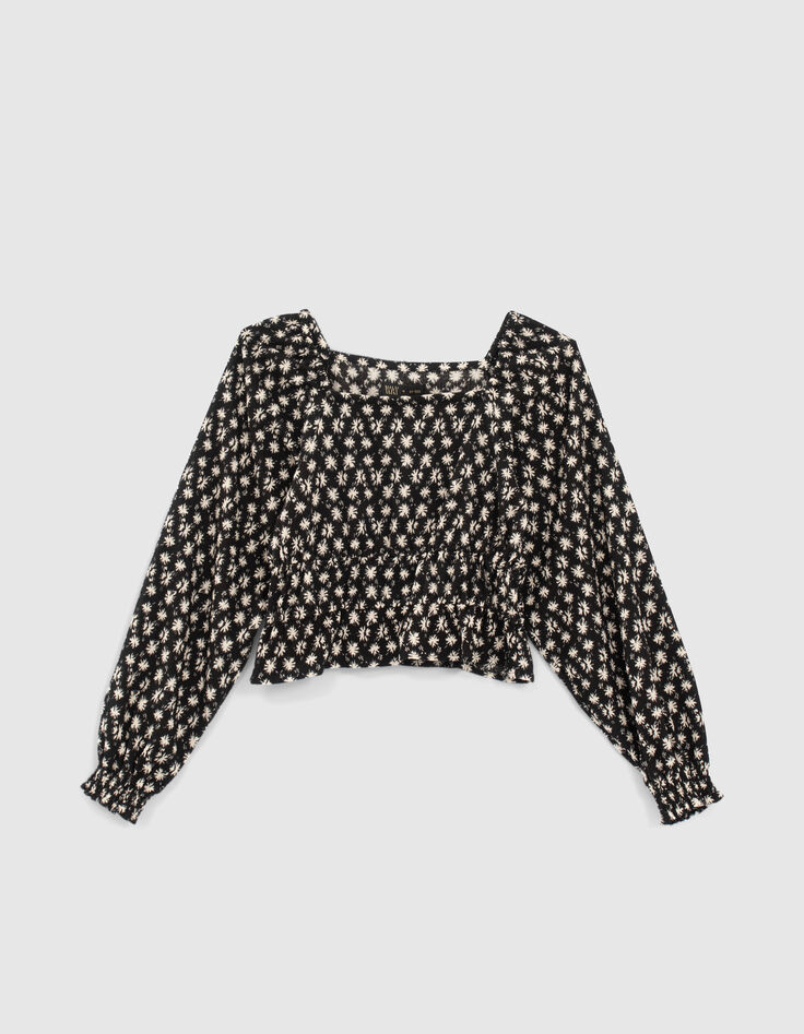 Schwarze M&auml;dchenbluse mit Grafikblumenprint-1