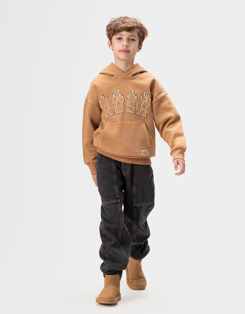 Camelbraunes Jungen-Kapuzensweatshirt Maxi-Schriftzug - IKKS