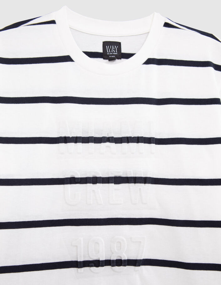 Boys' white organic cotton T-shirt, striped WAY logo image - IKKS