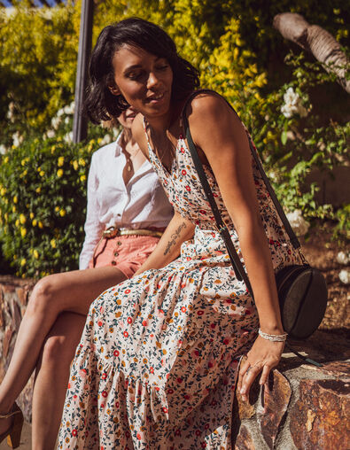 Robe longue rose poudré à imprimé floral et doré I.Code