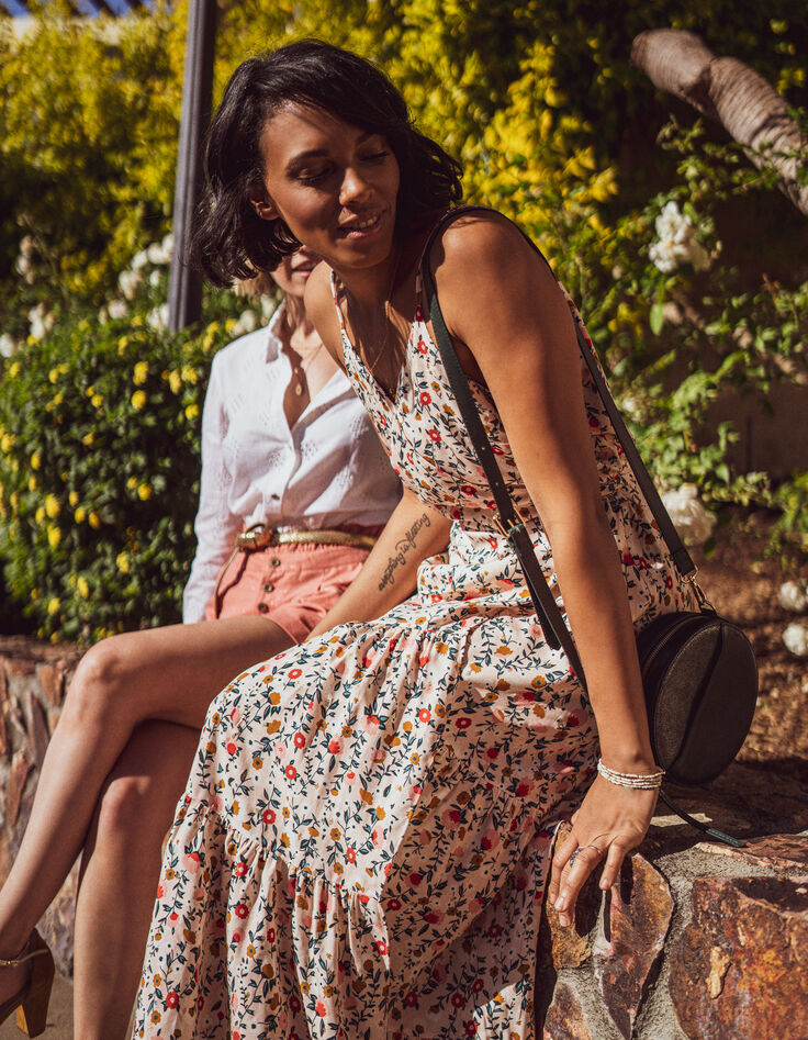 Robe longue rose poudré à imprimé floral et doré I.Code-1