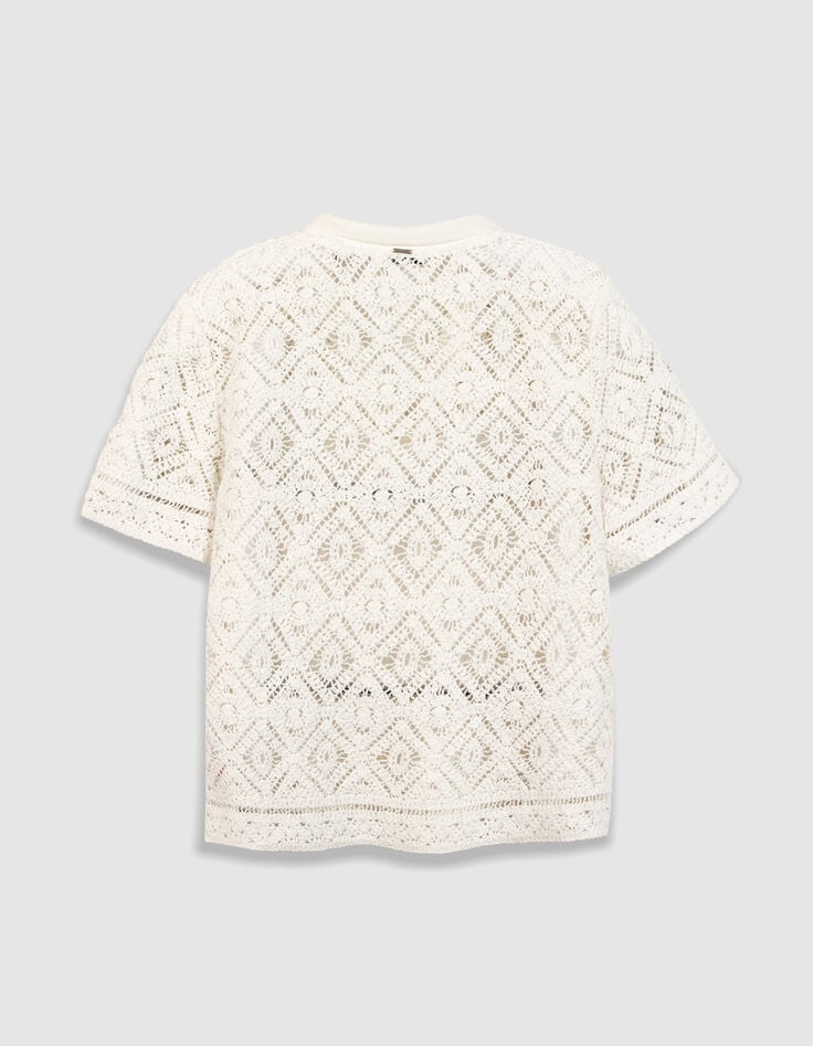 Top blanc tricot crochet col polo Femme-6