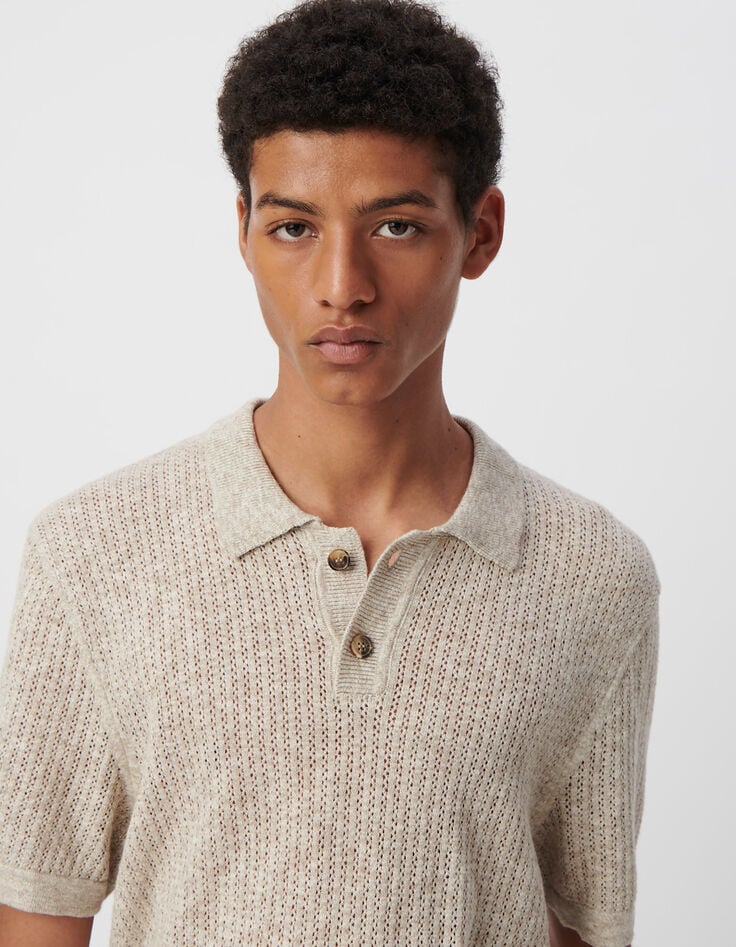Polo beige tricot ajouré fantaisie Homme-5