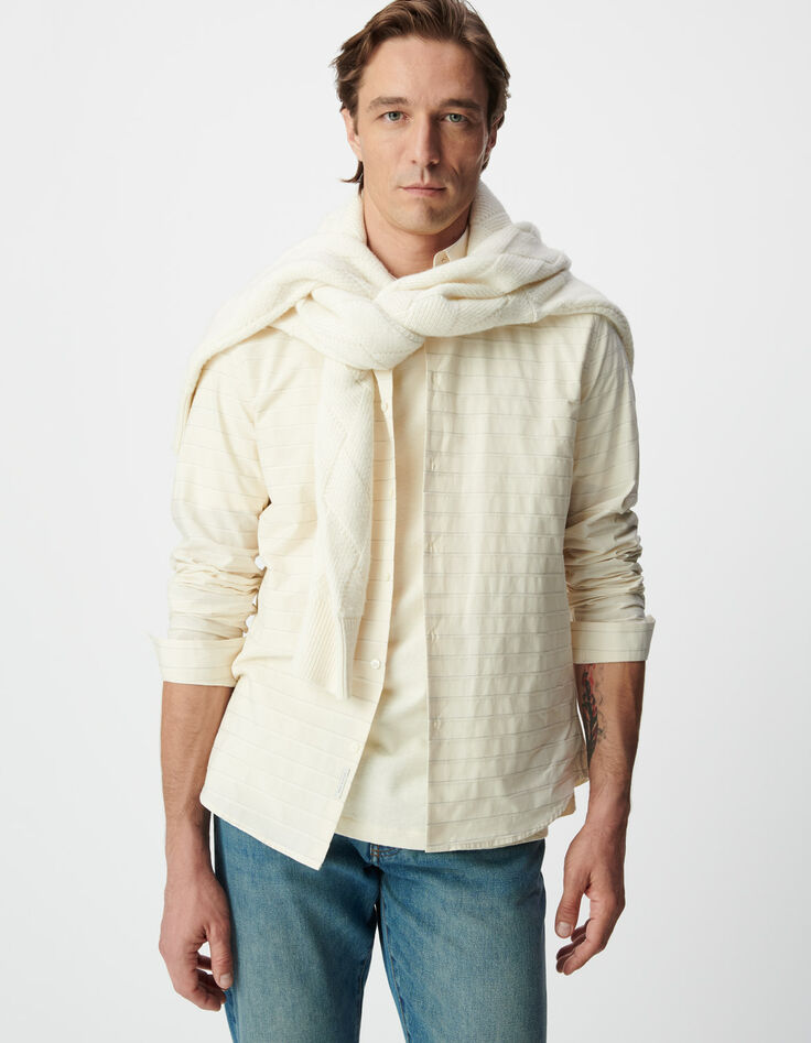 Men's slim-fit ecru shirt with horizontal stripes pattern-1