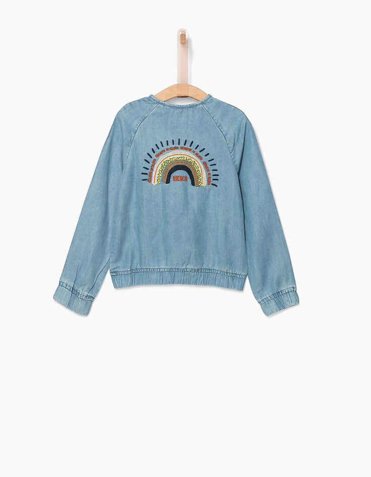 Bomber bleu Tencel© brodé arc-en-ciel dos fille-3