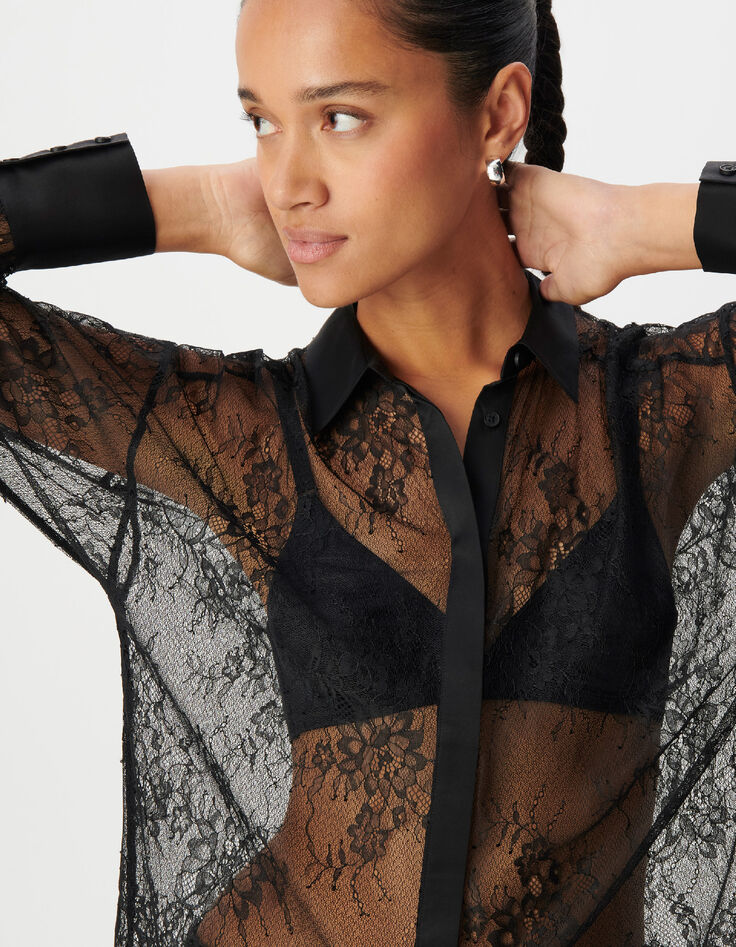 Chemise dentelle noire col satin&eacute; Femme-3