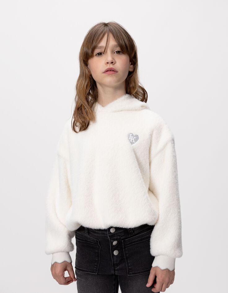 Sweat à capuche écru tout doux badge coeur fille-2