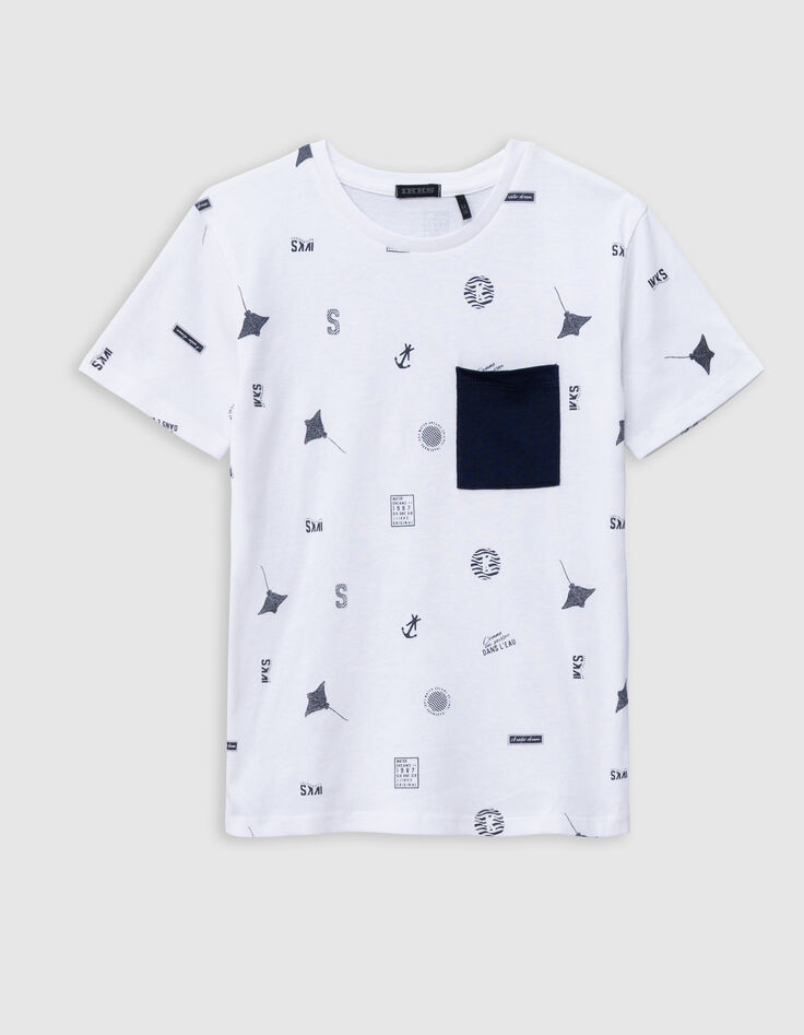 White organic cotton T-shirt with aquatic motifs for boy-2