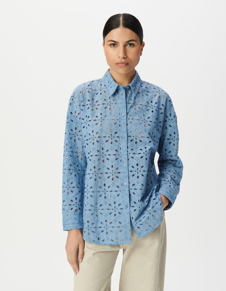 Camisa azul manga larga bordado inglés mujer-2