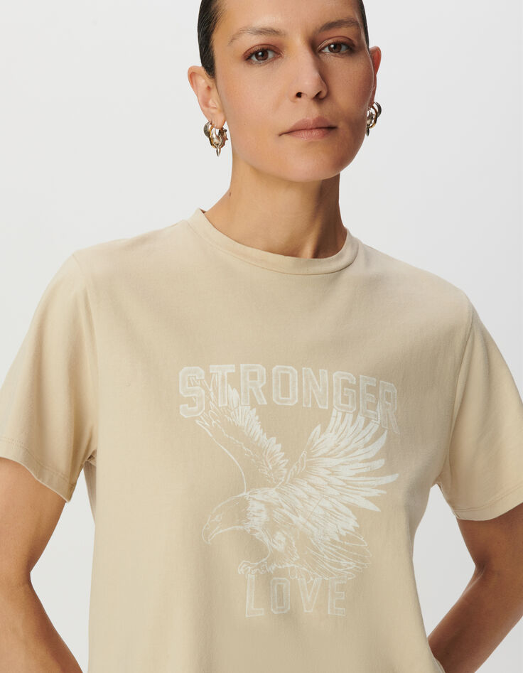 Tee-shirt col rond beige coton bio visuel aigle Femme-4