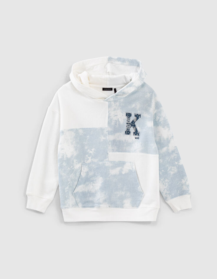 Sweat bleu tie and dye et &eacute;cru &agrave; capuche gar&ccedil;on -1