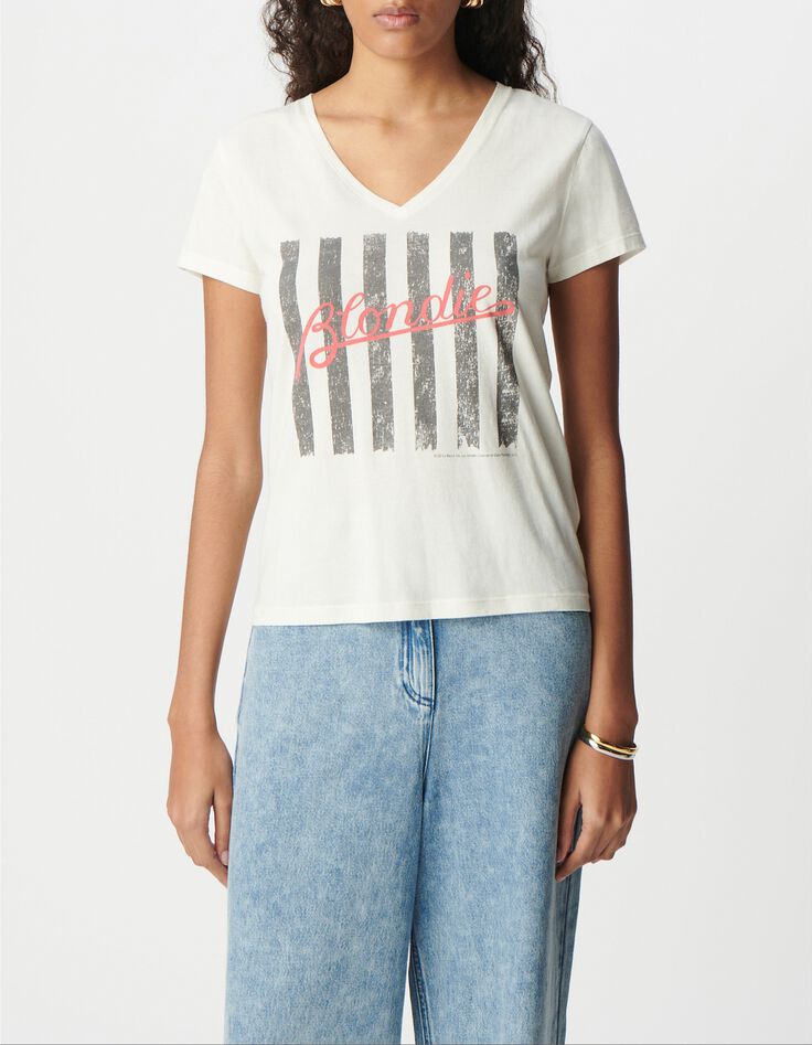 Camiseta blanca de mujer de algod&oacute;n org&aacute;nico con mensaje y rayas BLONDIE-2