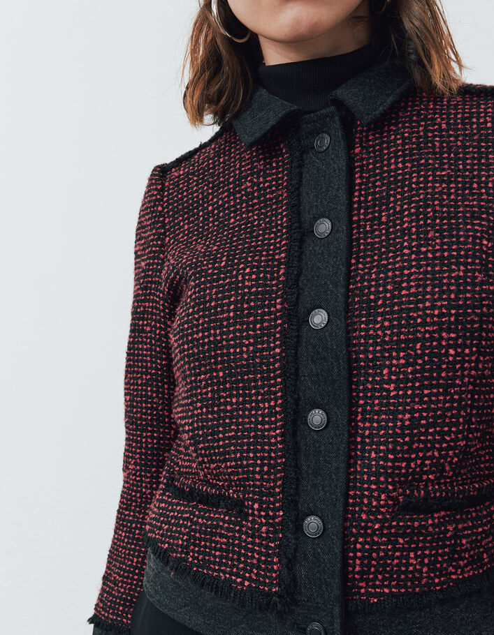 Women’s red and black tweed and denim mixed-fabric jacket - IKKS