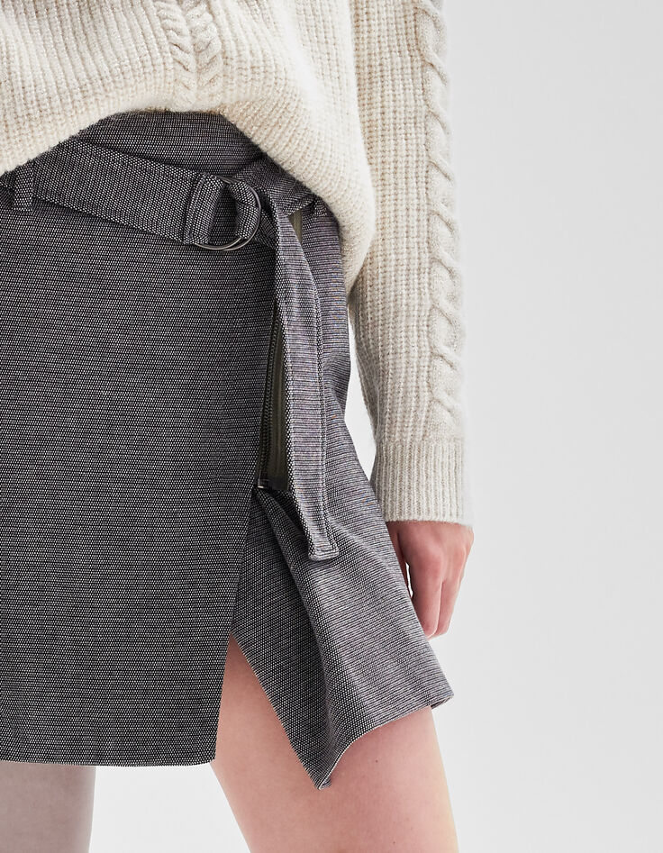 Jupe courte gris faux-uni portfeuille Femme-4